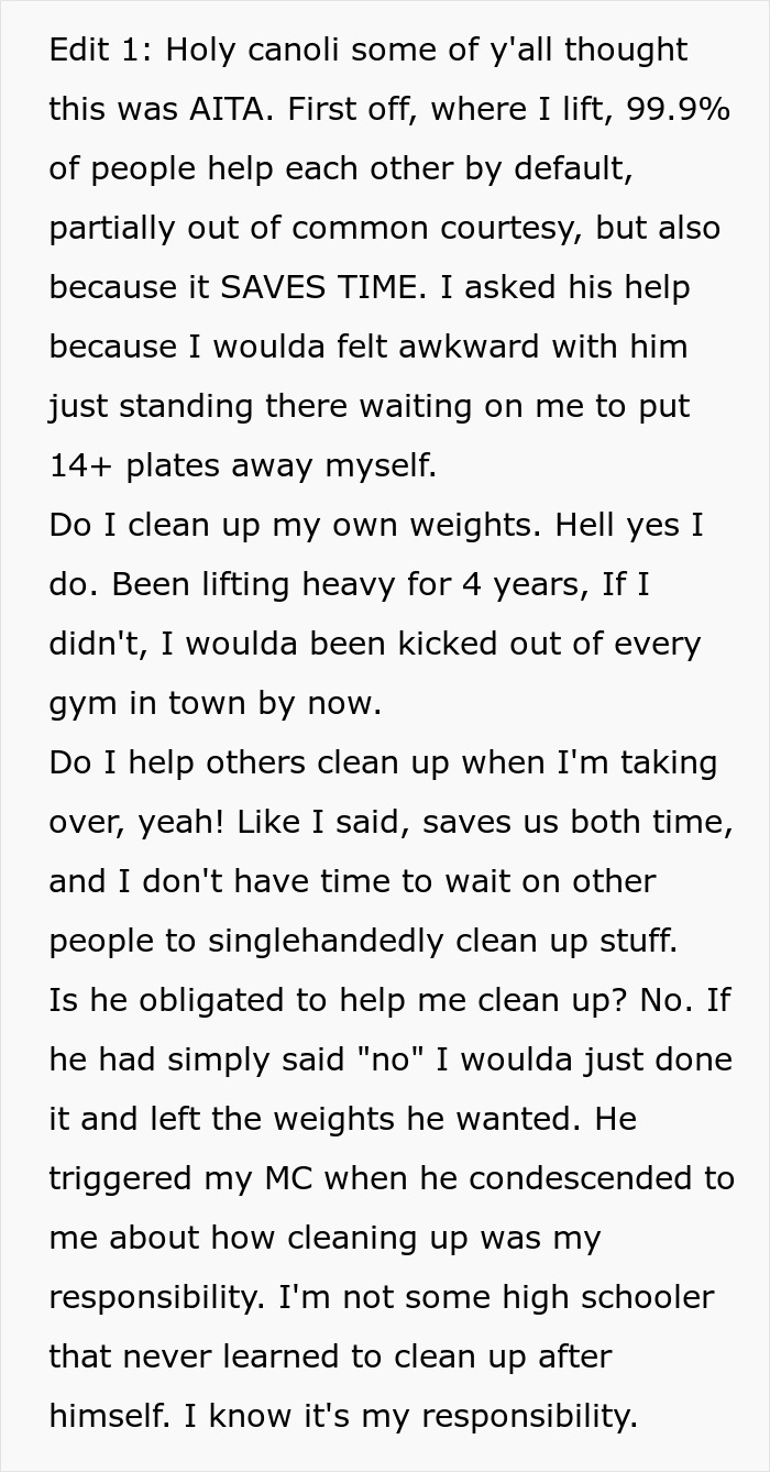 Man in gym refused help and asked to clean up after himself, doing so maliciously